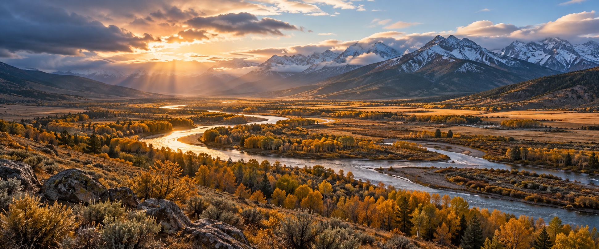 An expansive mountain valley and meandering river in warm sunlight.
