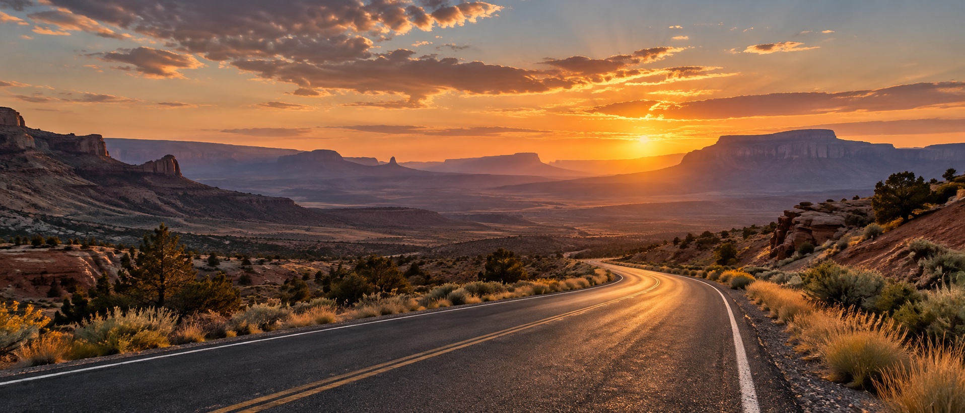 An open road curves through the American Southwest toward the setting sun.