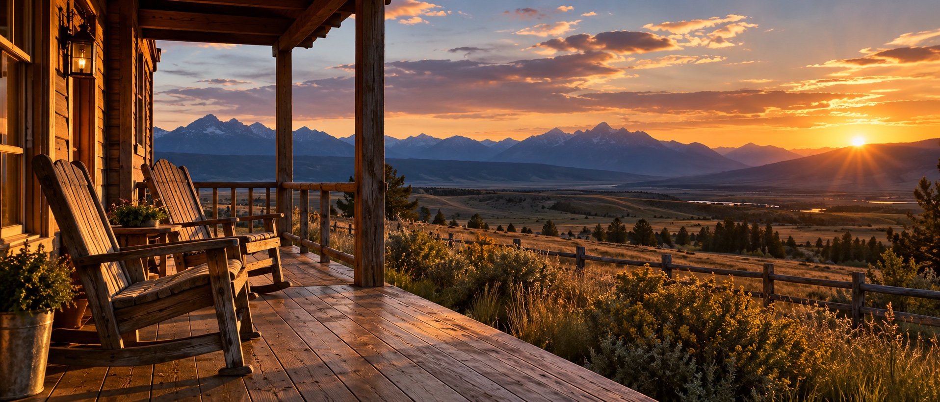 Two wooden porch chairs overlook a peaceful prairie sunset.
