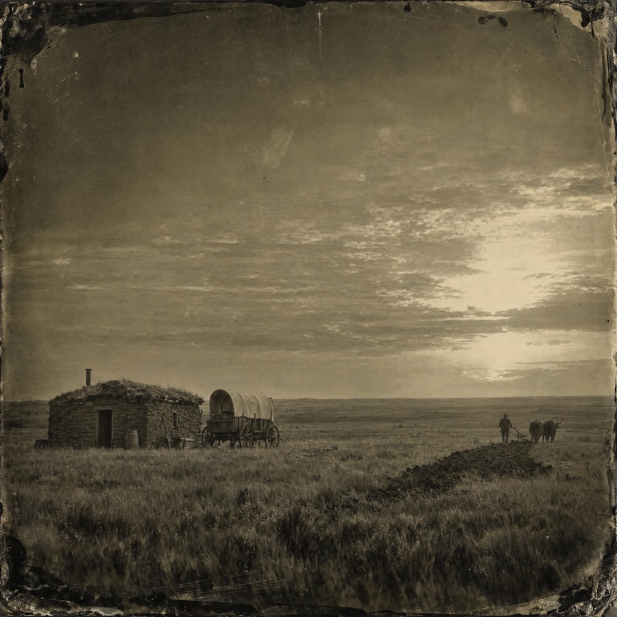 A tintype of a sod house and covered wagon on the open prairie, a plow turning the first furrow.