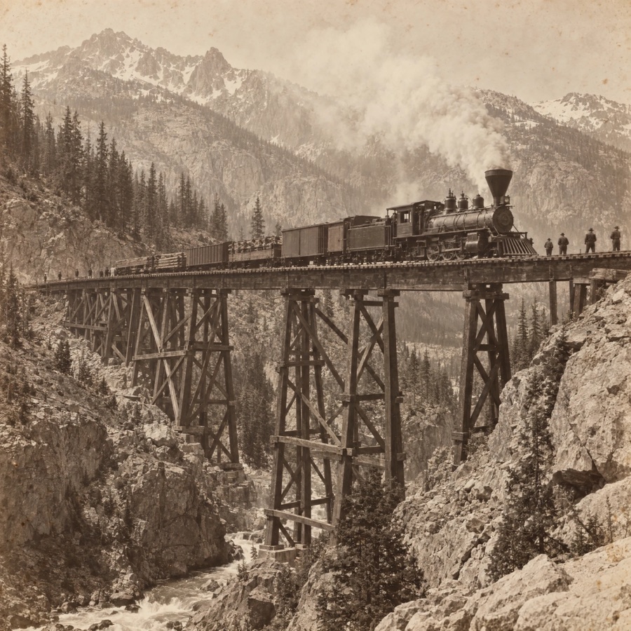 A sepia print of a steam train crossing a timber trestle over a mountain canyon.