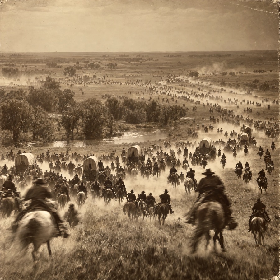 Riders and covered wagons surge across open grassland in a cloud of dust.