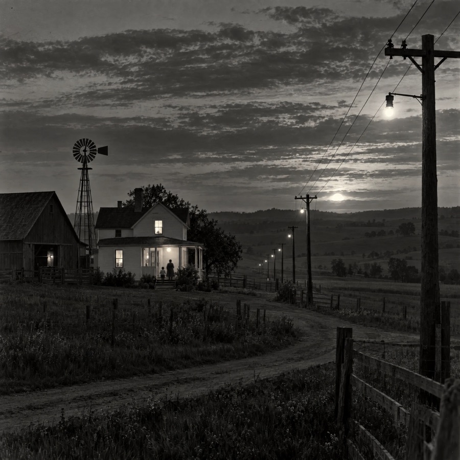 Power poles cross farmland to a farmhouse where a bulb glows in the kitchen window.