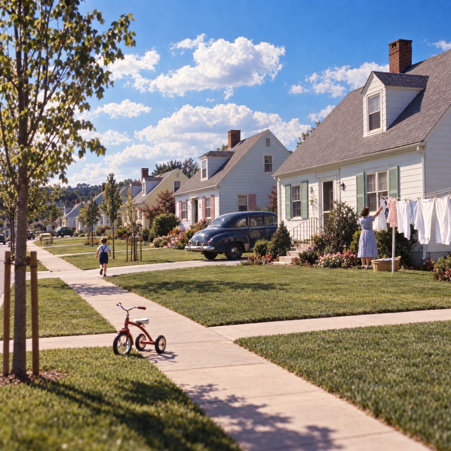 A color slide of new Cape Cod houses with sapling trees and a rounded sedan in a driveway.
