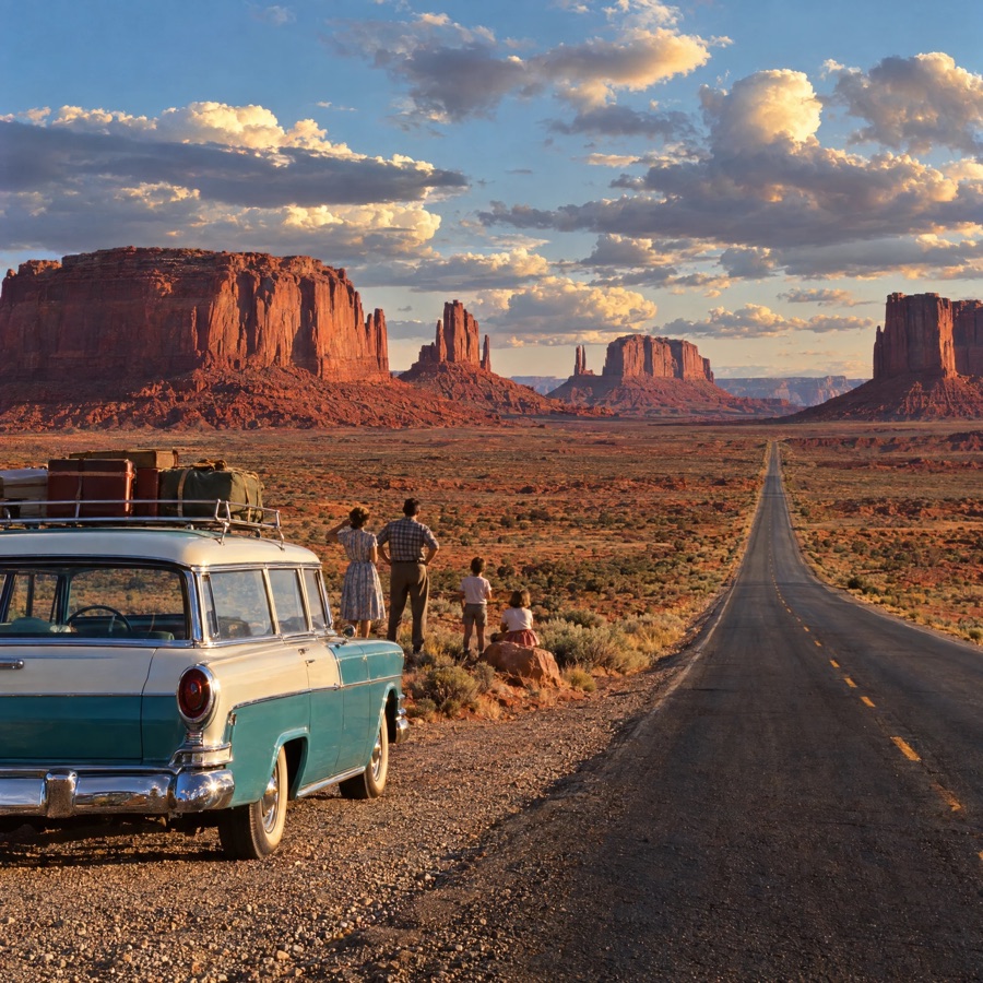 A turquoise station wagon on an empty highway facing red sandstone buttes.