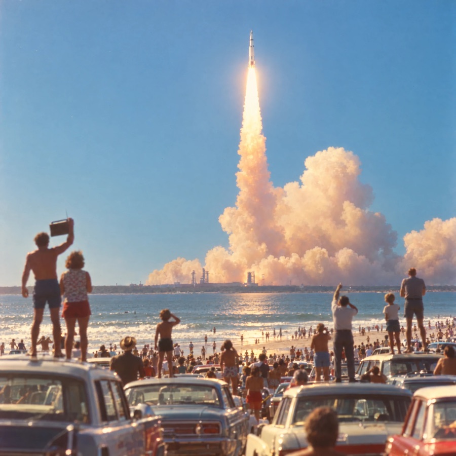 Families on a beach and on car roofs watch a rocket climb on a column of fire.