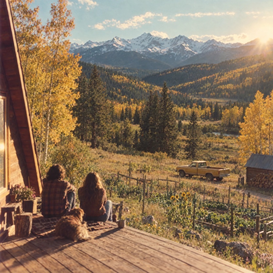 An instant photo of a couple on the deck of their hand-built A-frame cabin among golden aspens.