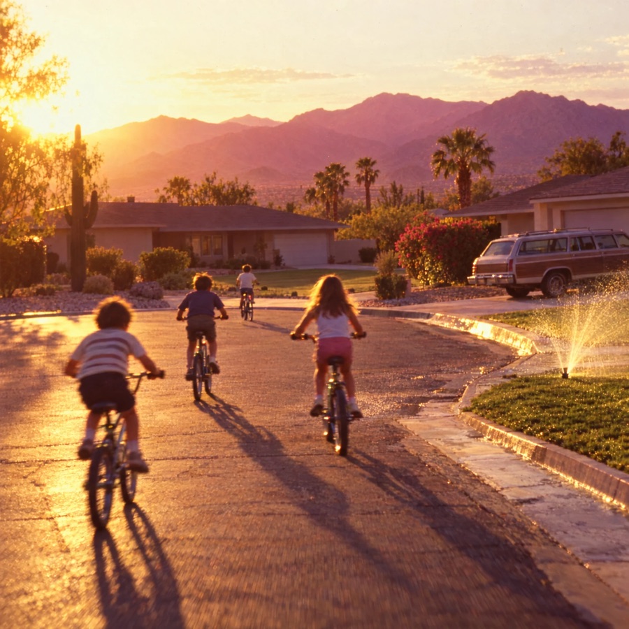 An instant photo of kids riding bikes down a sunlit desert cul-de-sac past a sprinkler and a wood-paneled station wagon.