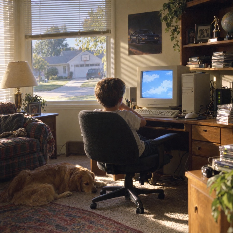 A beige computer with a glowing monitor in a sunny family den.