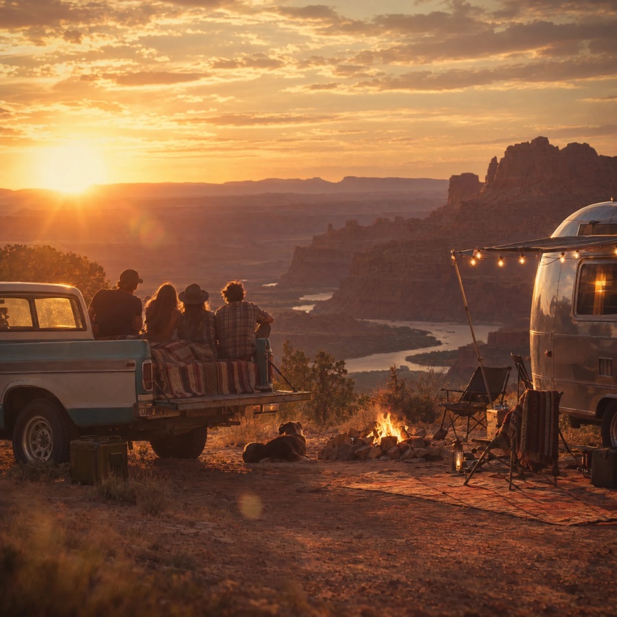 Friends on a pickup tailgate watch the sun set over red rock canyons.
