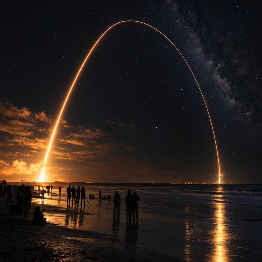 A long exposure of a rocket booster’s arc of light over a beach at night.