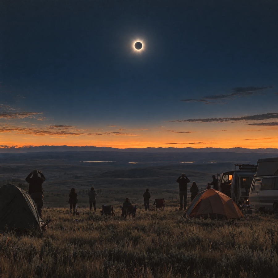Campers on a prairie hillside look up at a total solar eclipse.