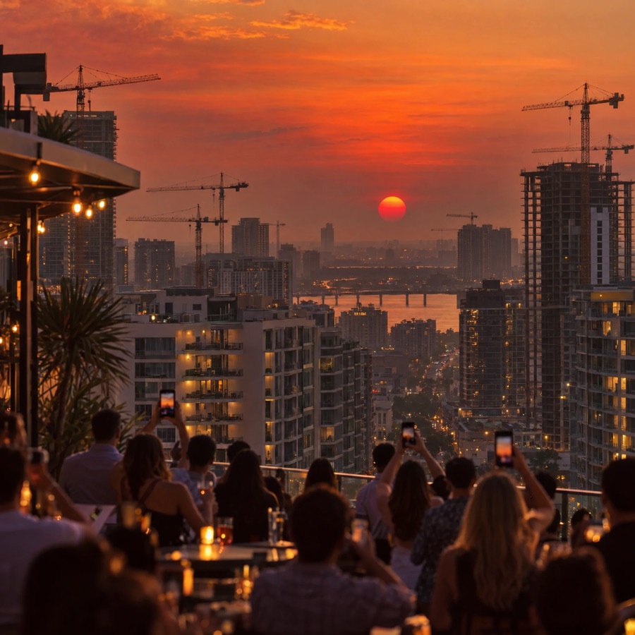 A rooftop crowd holds phones up to film a red, hazy sunset over cranes and new apartment blocks.