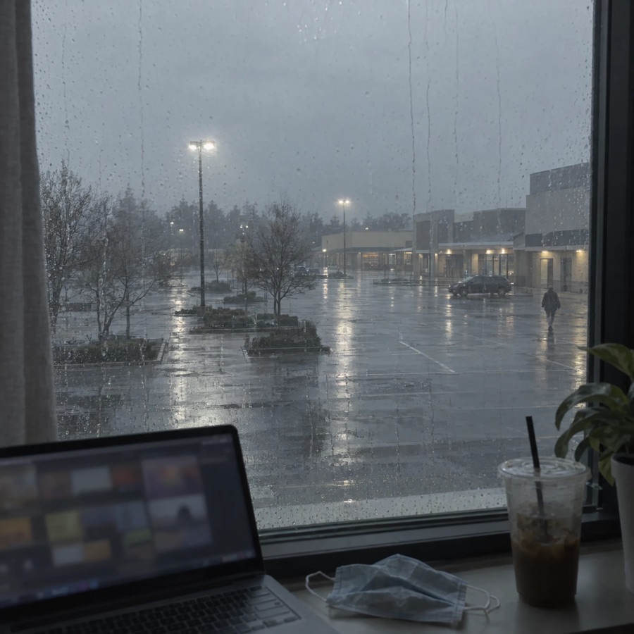 A rain-streaked window looks onto an empty parking lot; a laptop and a face mask sit on the sill.