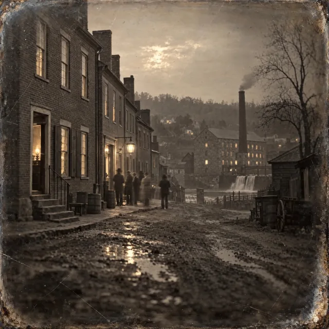 Illustration of a brick row house on a dirt street, with lamplight in the doorway.