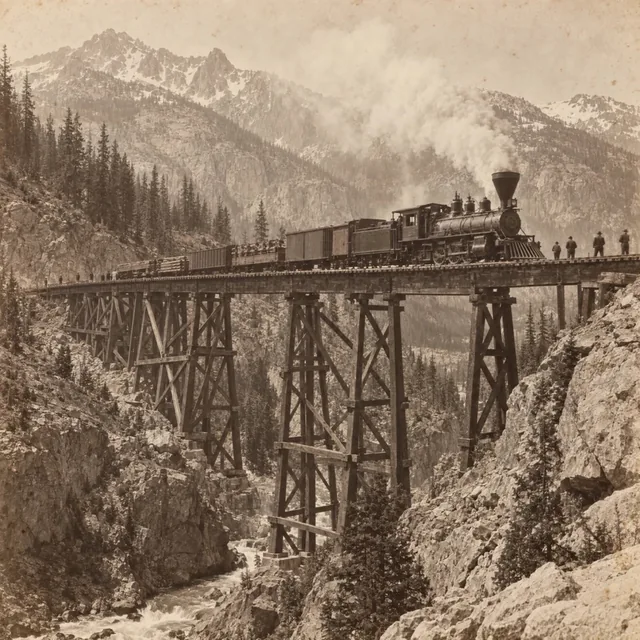 Illustration of a steam train crossing a wooden trestle above a mountain canyon.