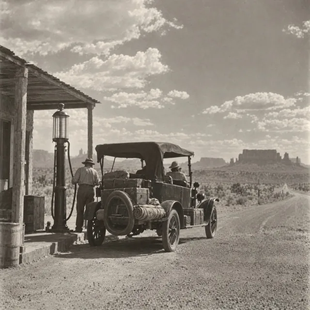 Illustration of a loaded touring car beside a remote desert filling station.