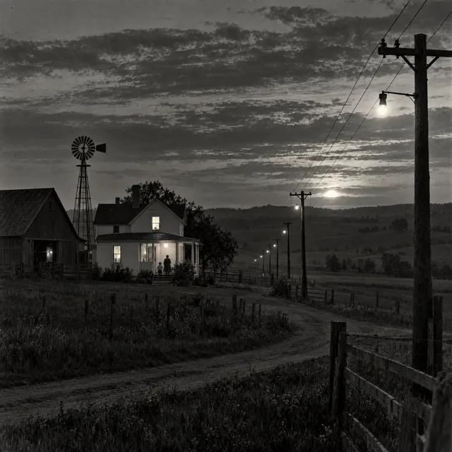 Illustration of power lines reaching a farmhouse with a light glowing in the kitchen.