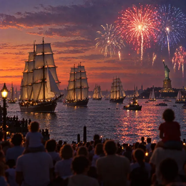 Illustration of tall ships and fireworks in New York Harbor as crowds watch.