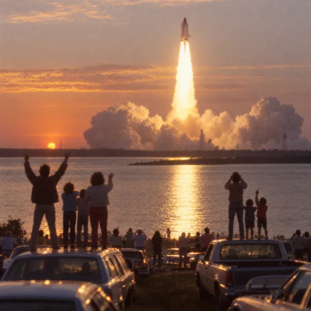 Illustration of families on car roofs cheering as the first space shuttle launches at dawn.