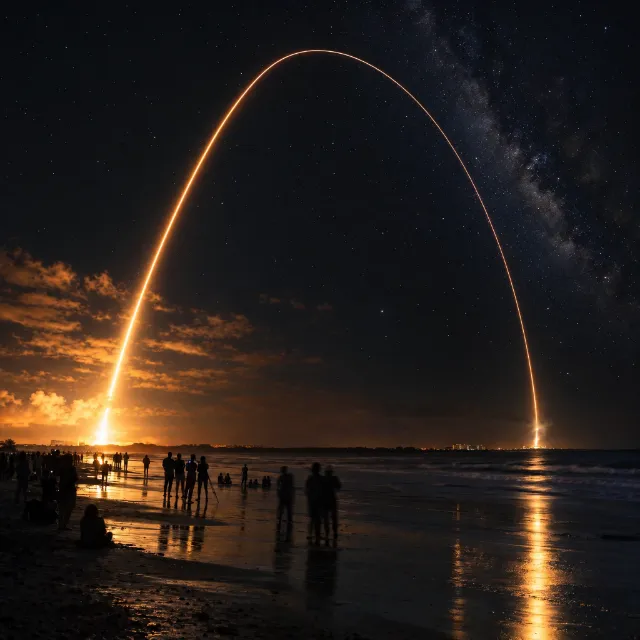 Illustration of a rocket's glowing arc as it returns to land at night.