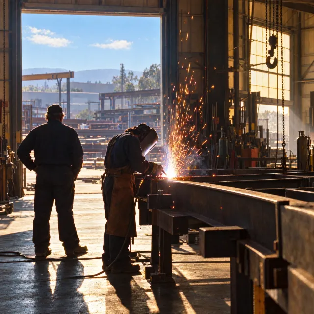 Illustration of an apprentice welding as sparks fly, with a mentor watching.