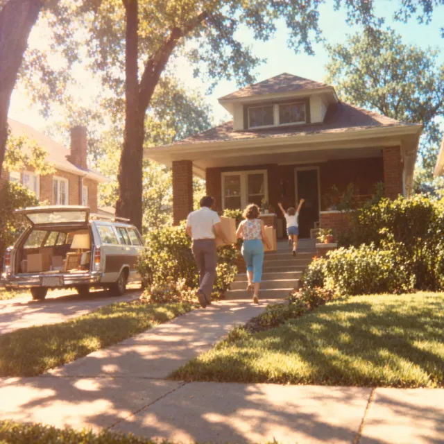 Illustration of a family carrying boxes up the steps of a brick bungalow while a child runs ahead onto the porch.