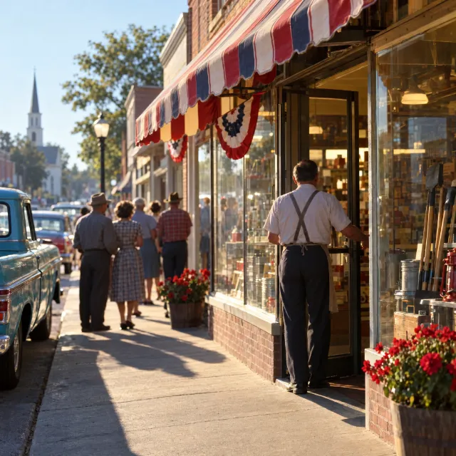 Illustration of a shopkeeper opening a hardware store as neighbors wait on the sidewalk.