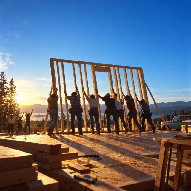 Illustration of neighbors pushing a timber wall frame upright on a new house against a bright blue sky.