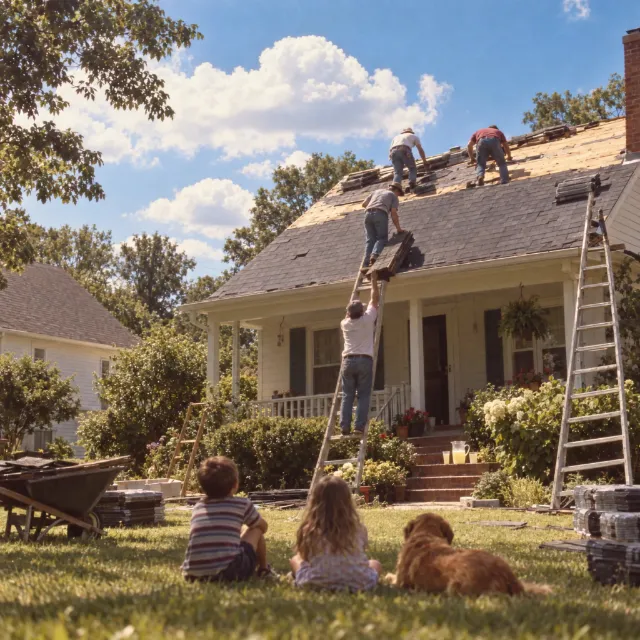 Illustration of neighbors on ladders helping a family re-shingle a small house.